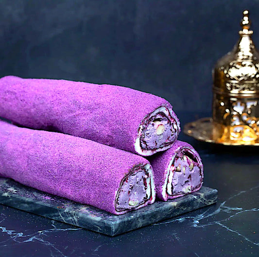 PURPLE VELVET COATED, BLACK MULBERRY SAUCE, BLACKBERRY CREAM 100g